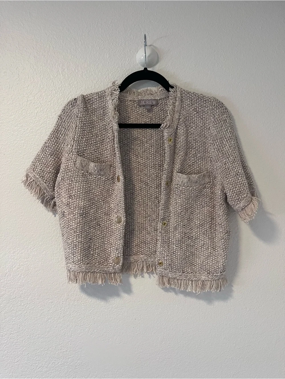 J. Crew Beige Fringe Short-Sleeve Knit Cardigan
